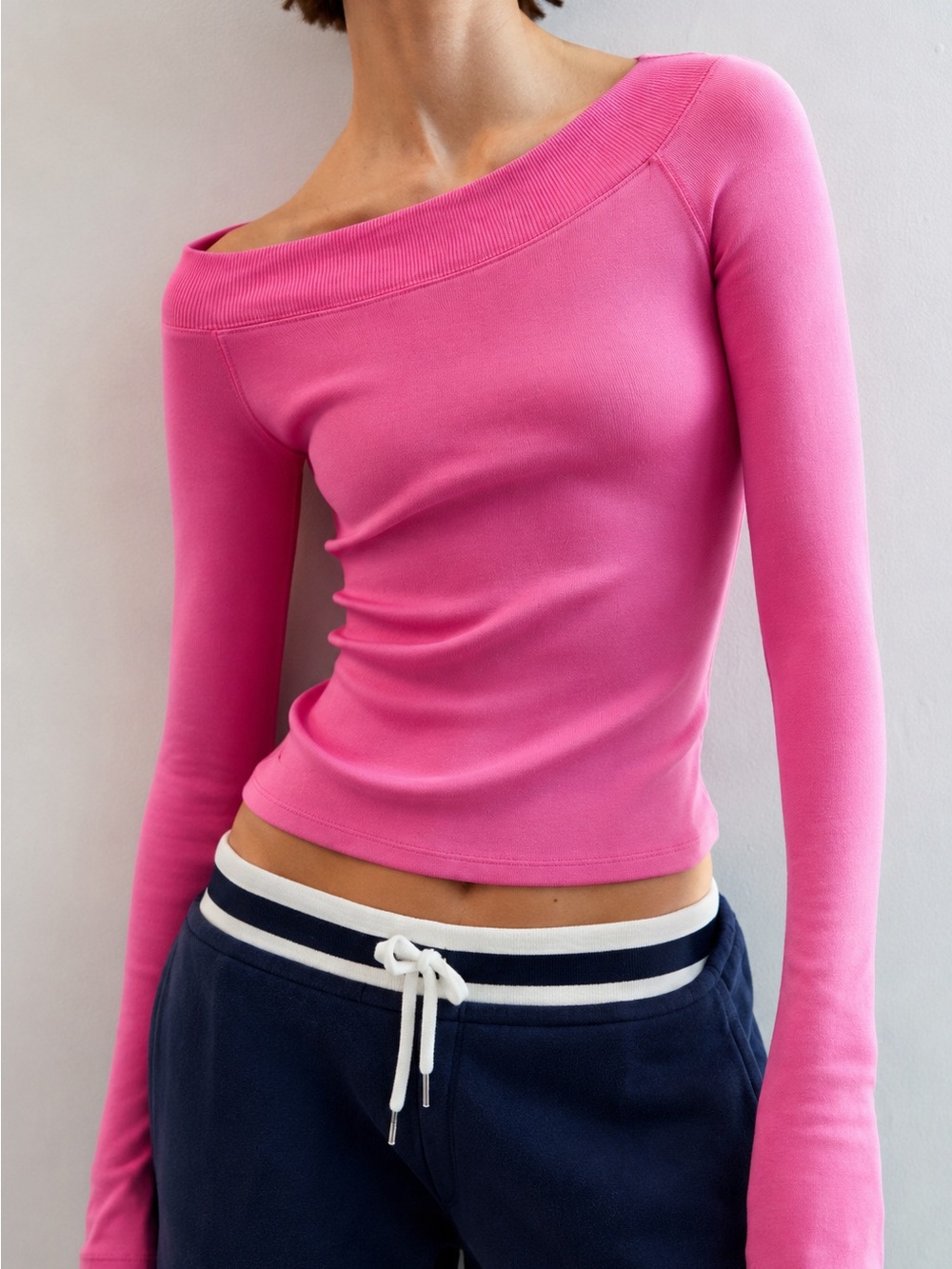 Zara Ribbed Boatneck Off Shoulder Tshirt in Deep Light Pink